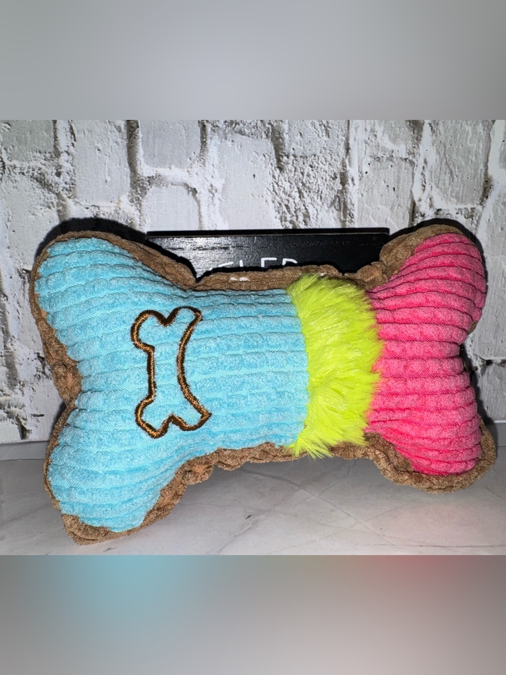 Plush Bone Dog Toy - Pink, Blue, Yellow & Brown embroidered - NEW
